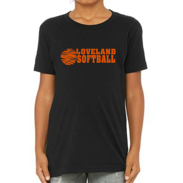 YOUTH Loveland Softball in Orange on Black TShirt--Lemons and Limes Boutique