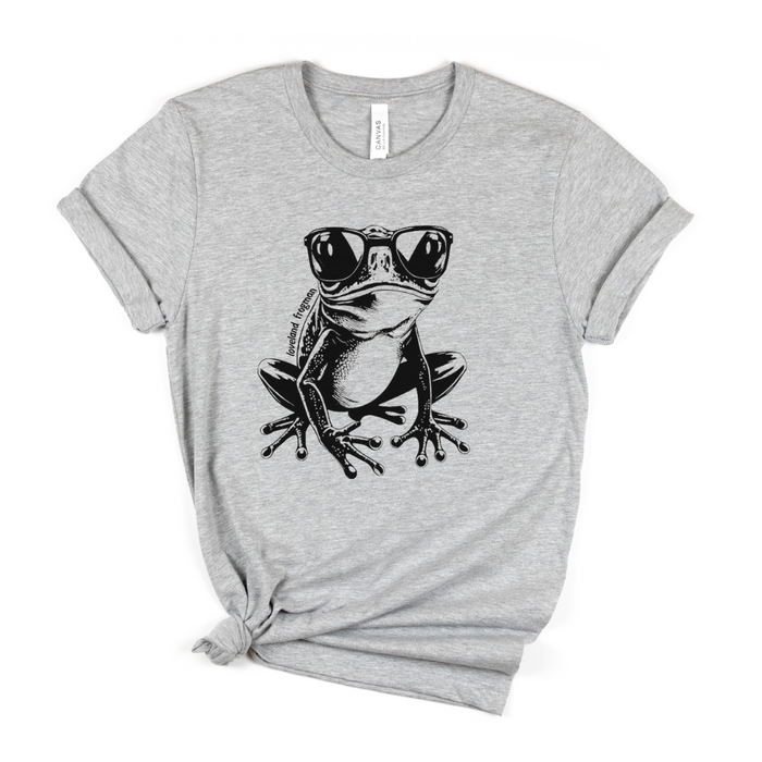 Loveland Frogman with Sunglasses Black T-Shirt on Athletic Gray--Lemons and Limes Boutique