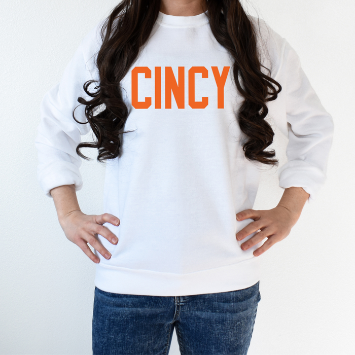 CINCY Orange Crewneck Sweatshirt on White--Lemons and Limes Boutique