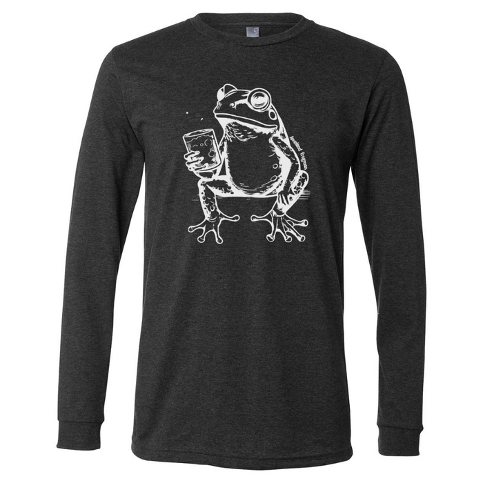 Loveland Frogman with Drink Long Sleeve T-Shirt on Heather Charcoal--Lemons and Limes Boutique