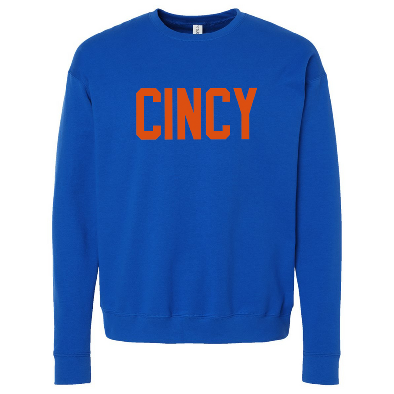 CINCY Orange Crewneck Sweatshirt on Royal Blue--Lemons and Limes Boutique