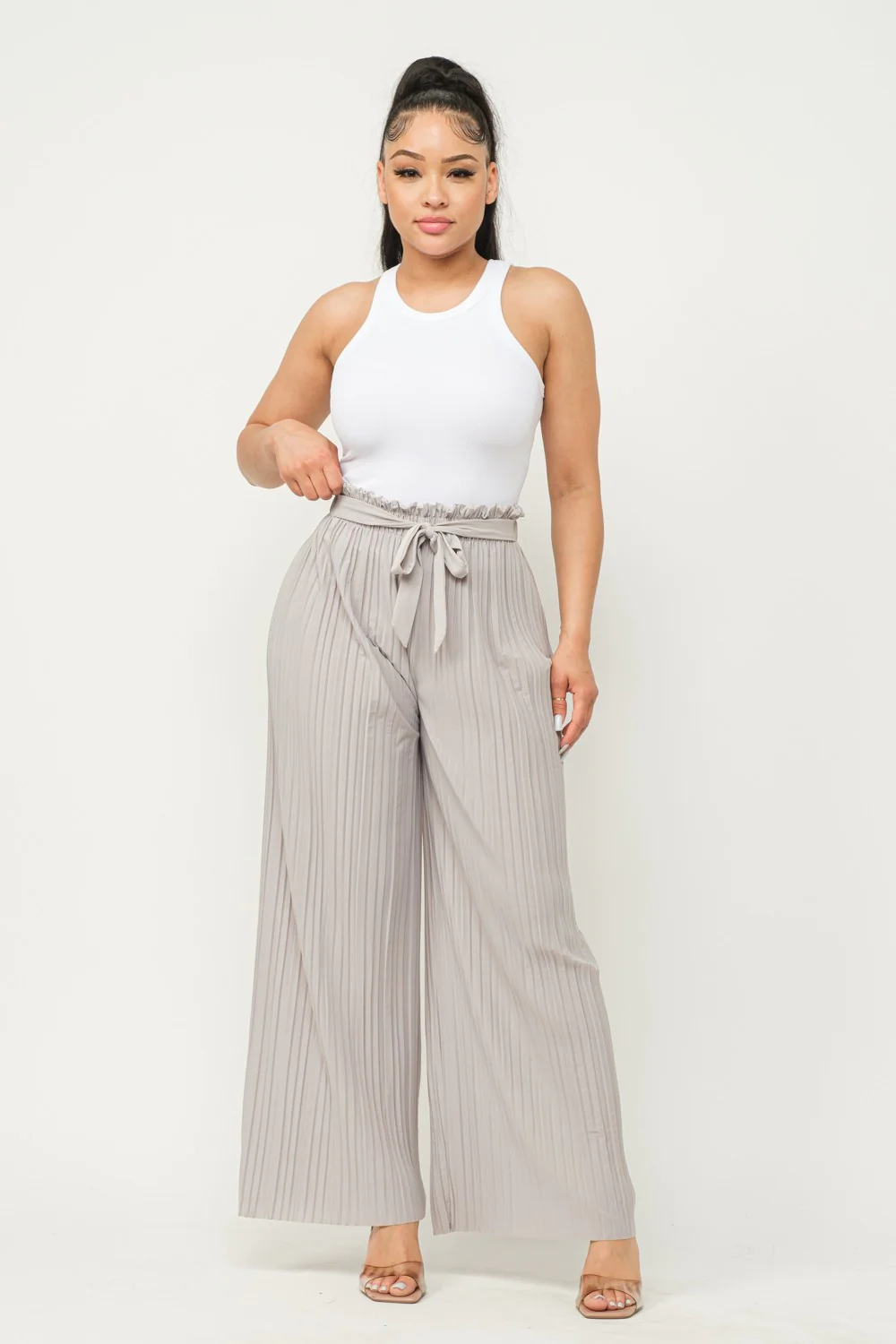 Tie Front Pleated Pant in Cloud Gray-Lemons and Limes Boutique