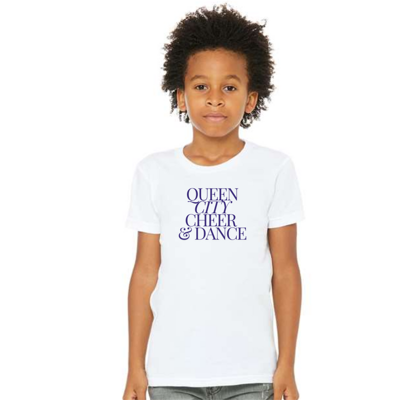 Queen City Cheer and Dance Modern Font Short Sleeve Tee: Toddler, Youth and Adult-White-Youth Small-Lemons and Limes Boutique