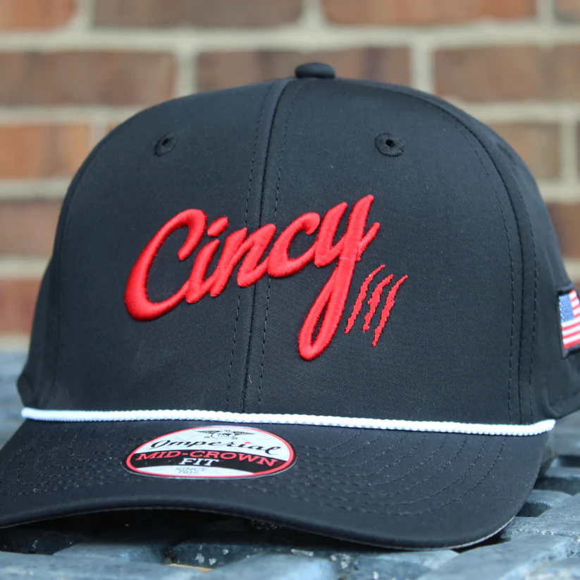 Mid-Crown Rope Hat in Black with Red Cincy Logo and White Rope by The Cincy Hat-Lemons and Limes Boutique
