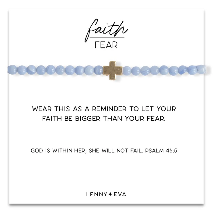Gold Cross Faith Over Fear Bracelet in Blue Agate--Lemons and Limes Boutique