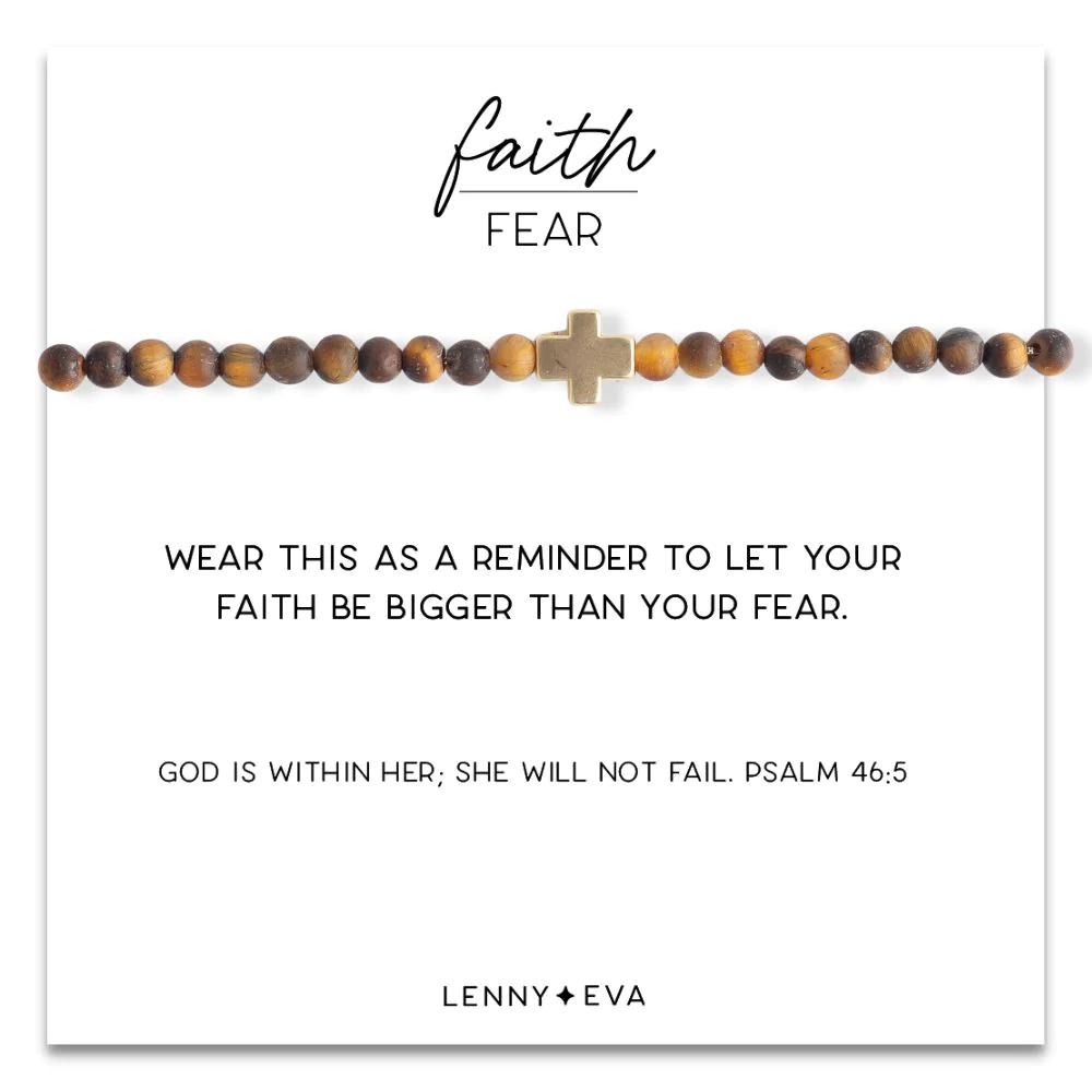 Gold Cross Faith Over Fear Bracelet in Brown Tiger Eye--Lemons and Limes Boutique