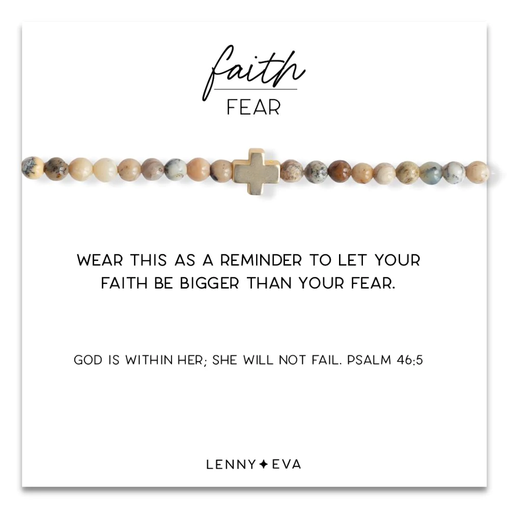 Gold Cross Faith Over Fear Bracelet in Feldspar--Lemons and Limes Boutique