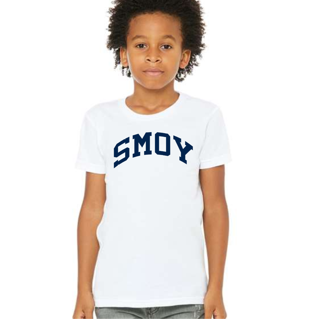 SMOY Navy Curved Block on Short Sleeve Tee White - Youth-Lemons and Limes Boutique