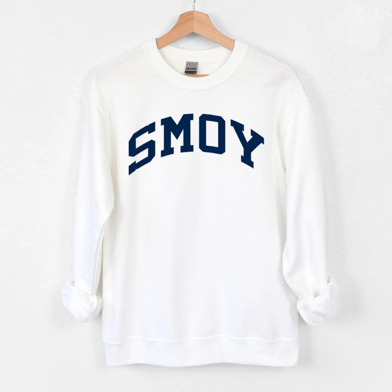 SMOY Navy Curved Block on Crewneck Sweatshirt - Adult-White-XSmall-Lemons and Limes Boutique