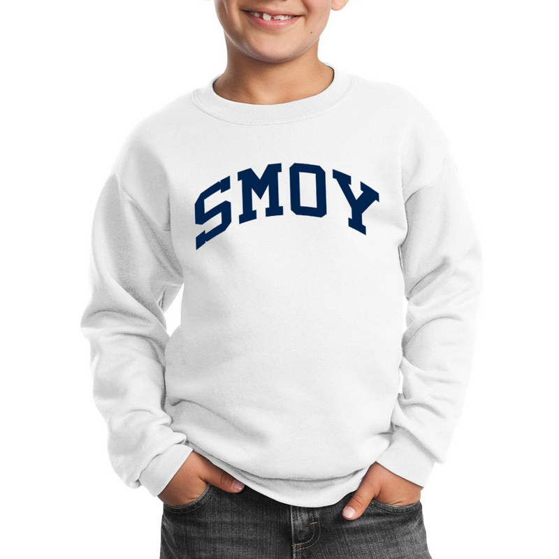 SMOY Navy Curved Block on Crewneck Sweatshirt - Youth-White-Small-Lemons and Limes Boutique