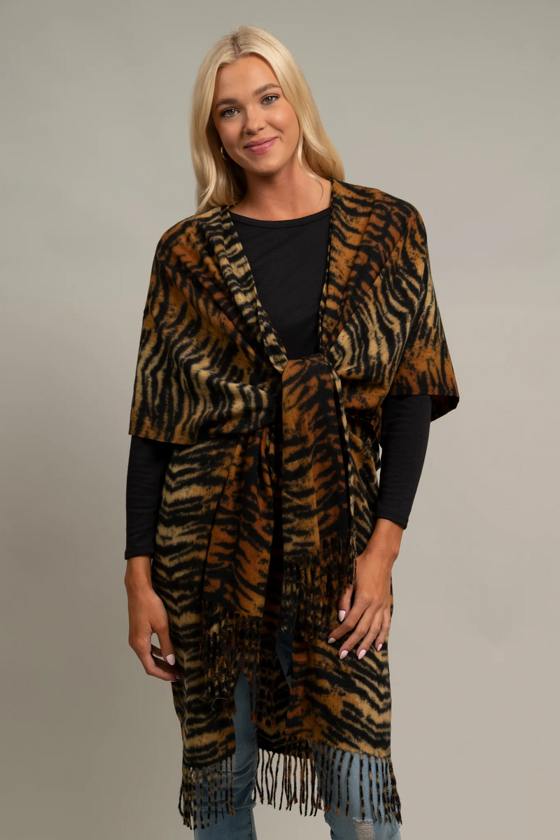 Tiger Print Kimono with Fringe in Camel--Lemons and Limes Boutique