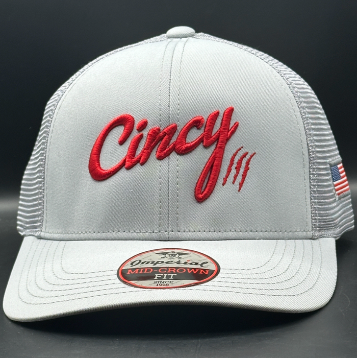 Mid Crown Grey With Red Logo Mesh Back by The Cincy Hat--Lemons and Limes Boutique