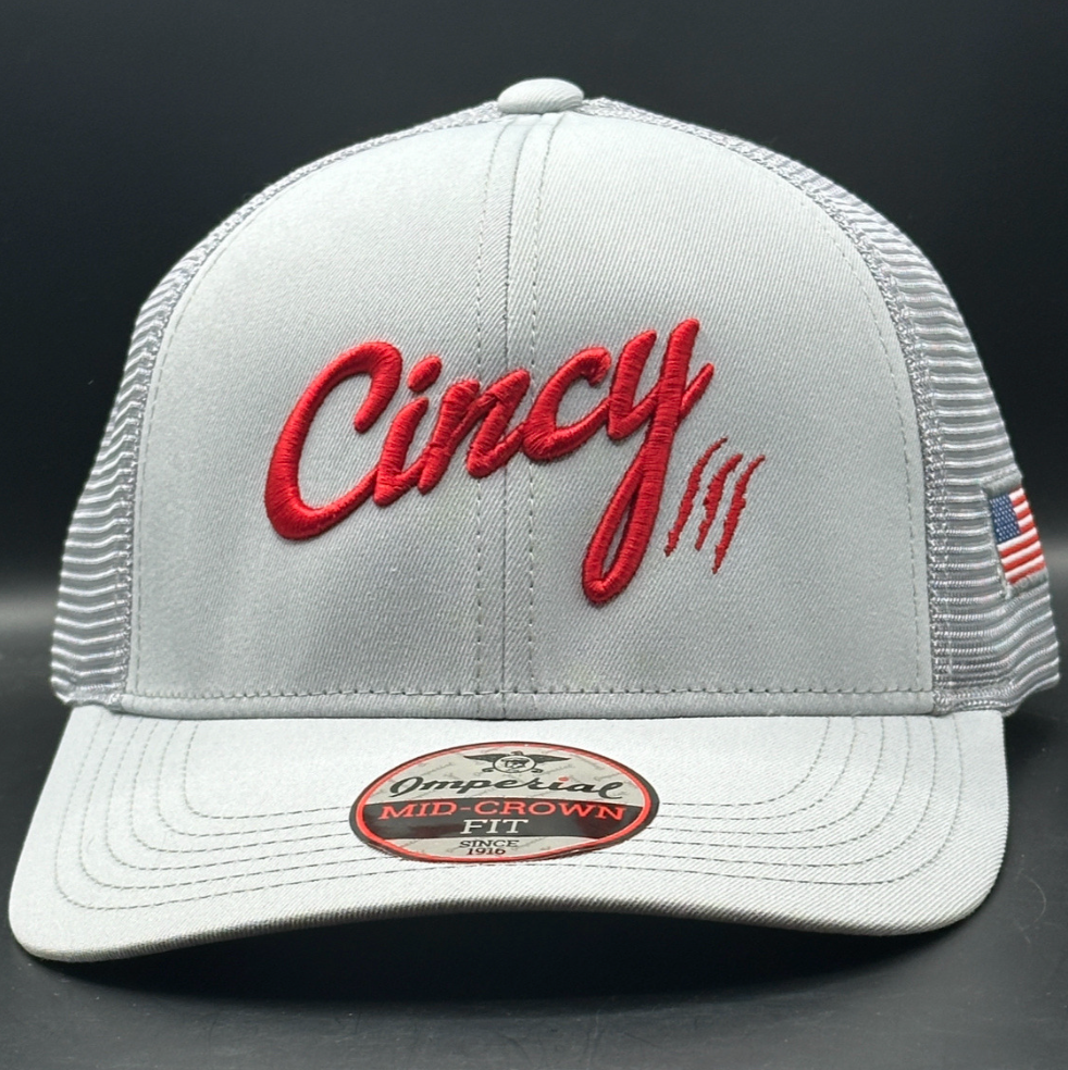 Mid Crown Light Grey With Red Cincy Logo Mesh Back by The Cincy Hat-Lemons and Limes Boutique