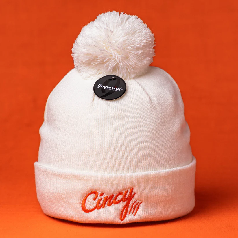 White Beanie With Pom and Orange Cincy Logo by The Cincy Hat-Lemons and Limes Boutique