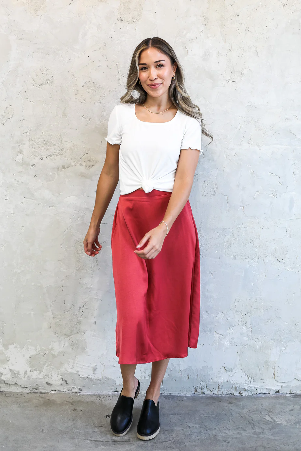 Silk Midi Skirt in Brick--Lemons and Limes Boutique