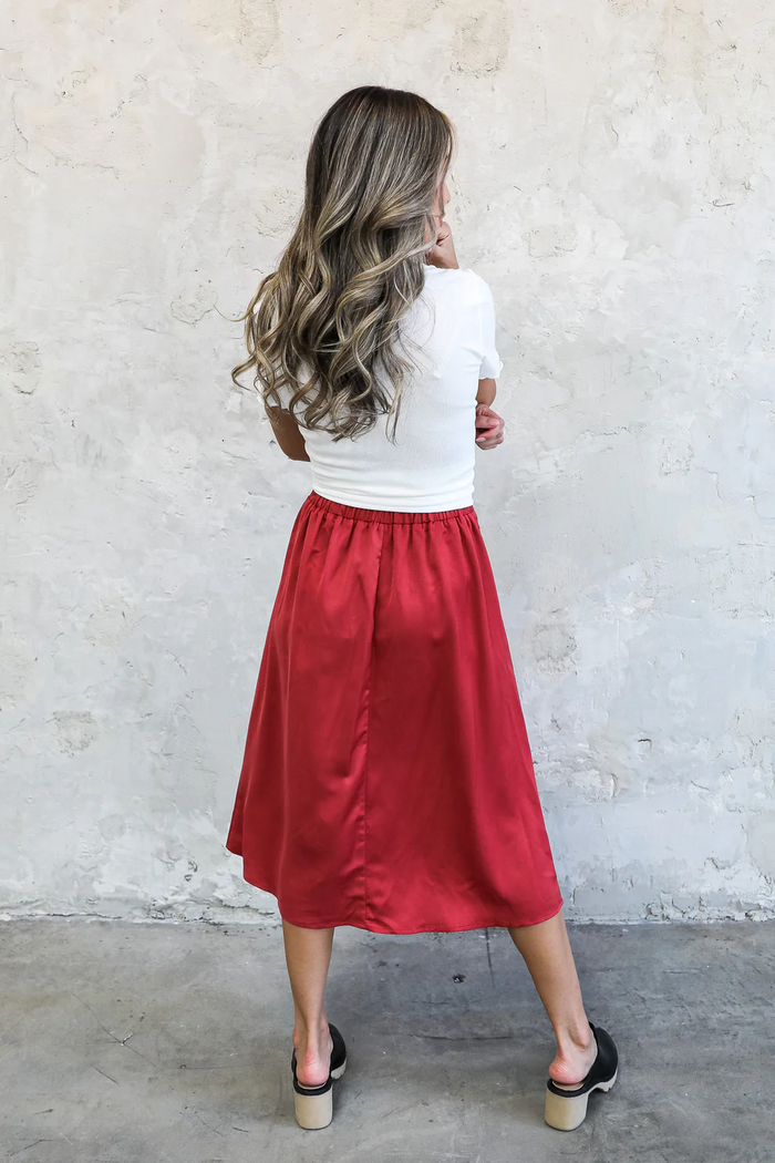 Silk Midi Skirt in Brick--Lemons and Limes Boutique