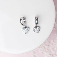 Pave Rhinestone Heart Dangle Huggie Earrings in Silver--Lemons and Limes Boutique