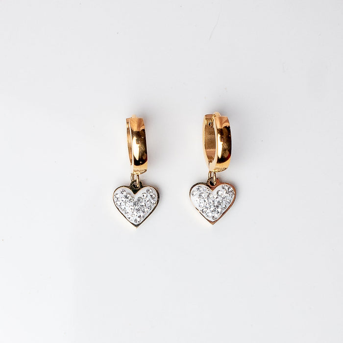 Pave Rhinestone Heart Dangle Huggie Earrings in Gold--Lemons and Limes Boutique