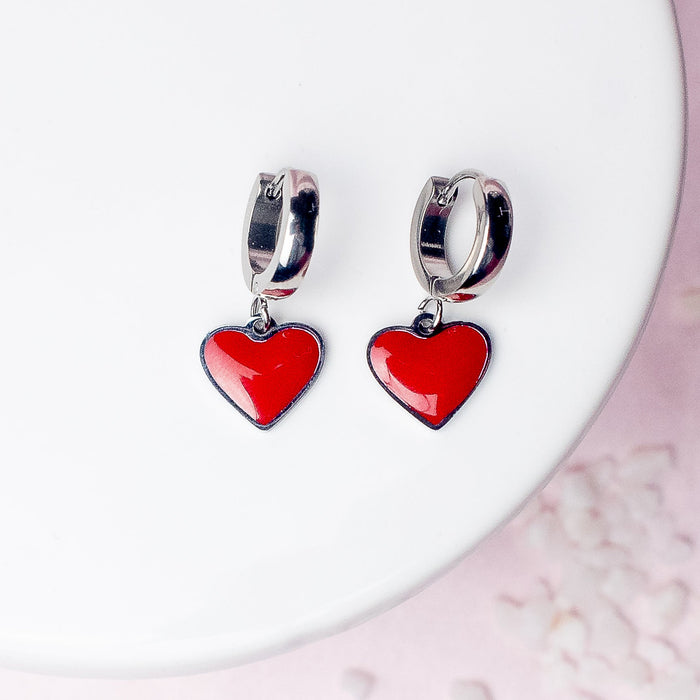 Red Heart Dangle Huggie Earrings in Silver--Lemons and Limes Boutique