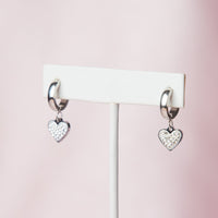 Pave Rhinestone Heart Dangle Huggie Earrings in Silver--Lemons and Limes Boutique