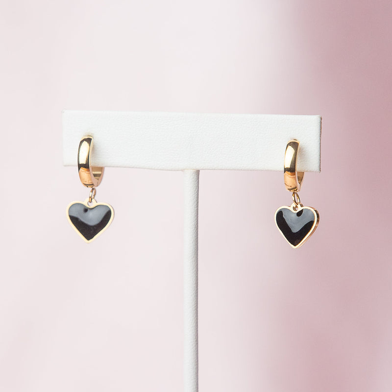 Black Heart Dangle Huggie Earrings in Gold