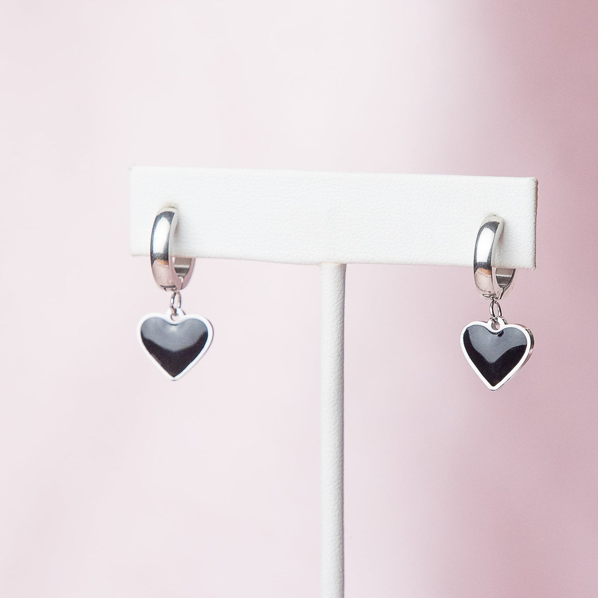 Black Heart Dangle Huggie Earrings in Silver