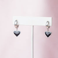 Black Heart Dangle Huggie Earrings in Silver