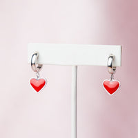 Red Heart Dangle Huggie Earrings in Silver--Lemons and Limes Boutique