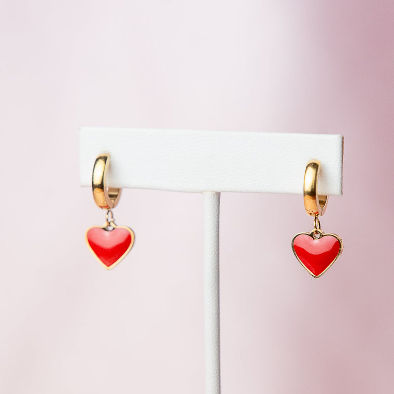 Red Heart Dangle Huggie Earrings in Gold--Lemons and Limes Boutique
