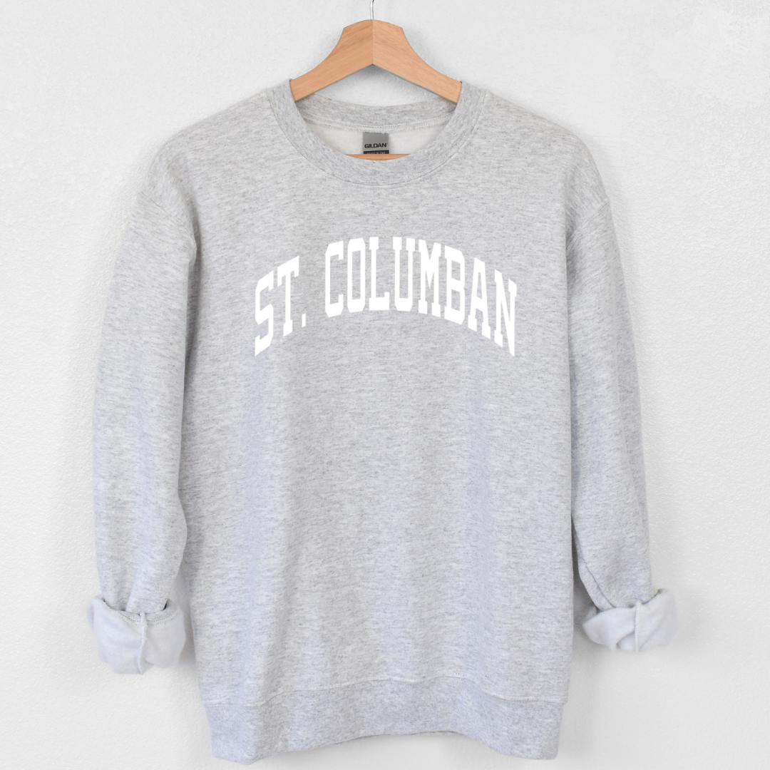 Saint Columban Curved White Sweatshirt (multiple colors available)-Sport Grey-Adult Small-Lemons and Limes Boutique