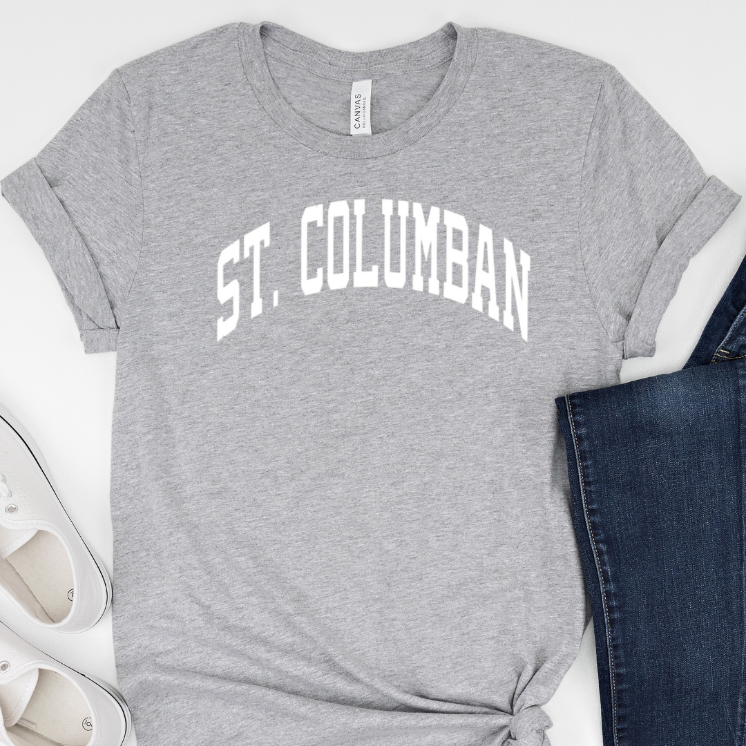 Saint Columban Curved White T-Shirt (multiple colors available)-Athletic Grey-Adult Small-Lemons and Limes Boutique