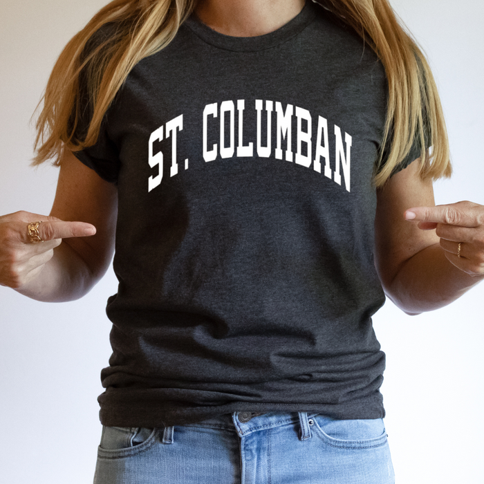 Saint Columban Curved White T-Shirt (multiple colors available)-Deep Heather-Adult Small-Lemons and Limes Boutique