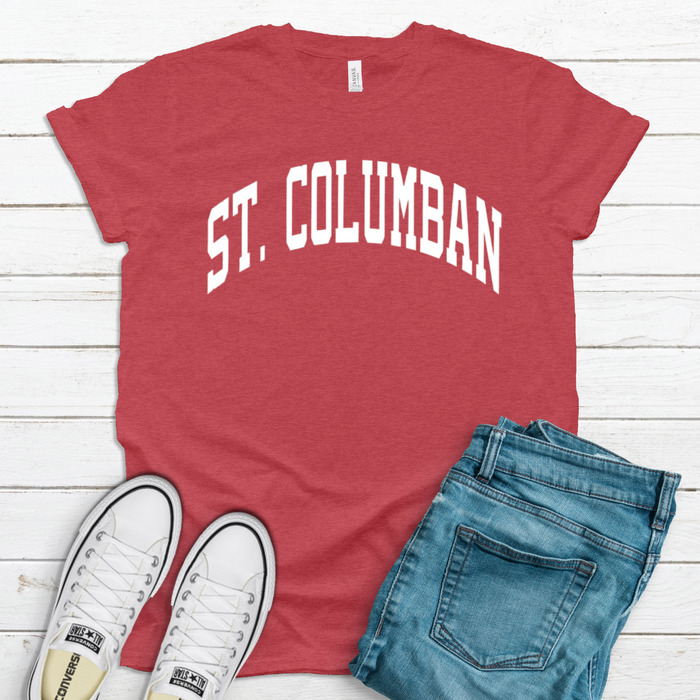 Saint Columban Curved White T-Shirt (multiple colors available)-Heather Red-Adult Small-Lemons and Limes Boutique