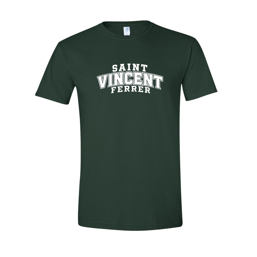 Saint Vincent Ferrer White Block on Solid Forest Green Tee (Adult, Youth & Toddler)
