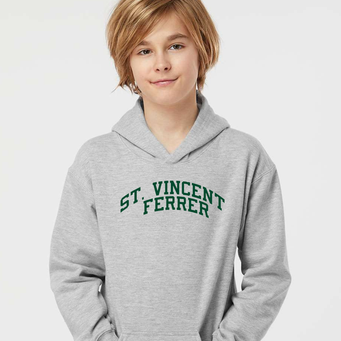 St. Vincent Ferrer Green Curved Block Hoodie on Athletic Gray: Youth and Adult