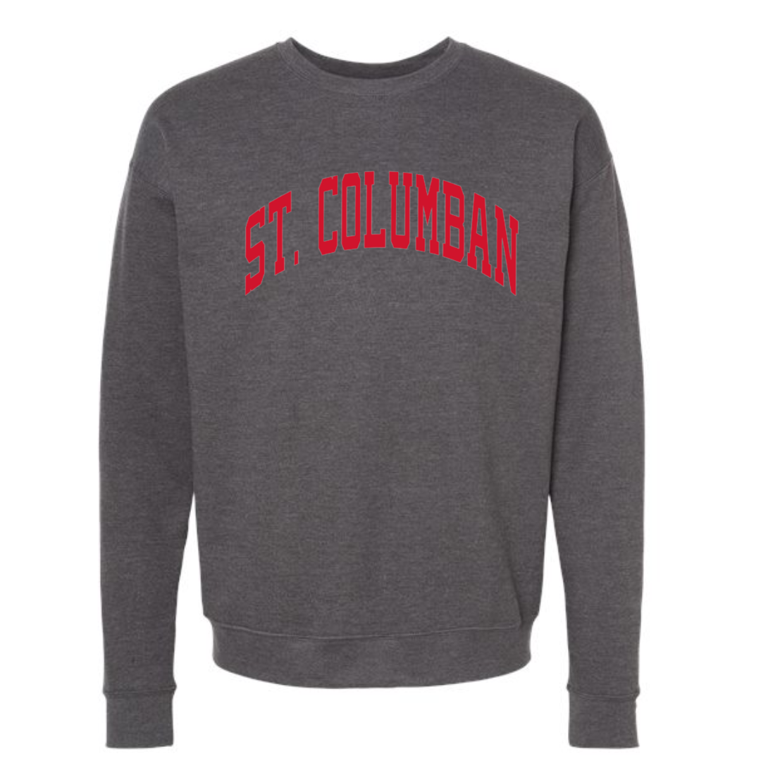 Saint Columban Curved Red Sweatshirt on Heather Charcoal
