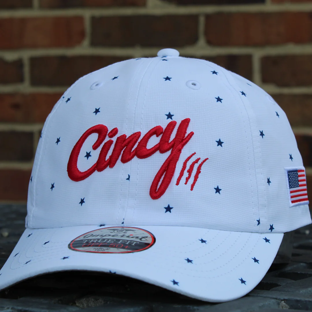 Stars Dad Hat White with Blue Stars and Red Cincy Logo by The Cincy Hat-Lemons and Limes Boutique