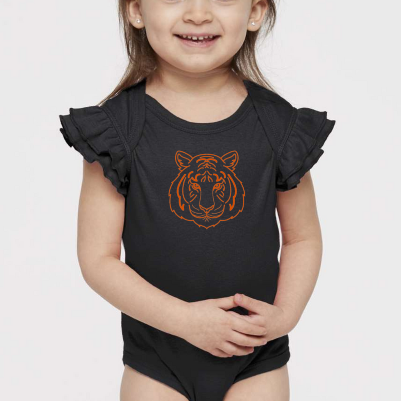 Tiger Face Flutter Short Sleeve Bodysuit On Black--Lemons and Limes Boutique