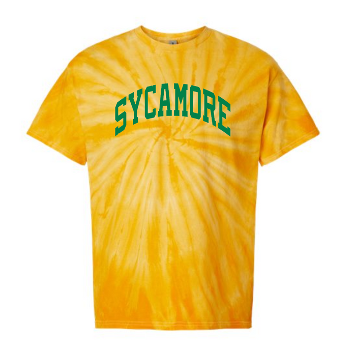 Sycamore Green Curved T-Shirt on Yellow Tie Dye--Lemons and Limes Boutique