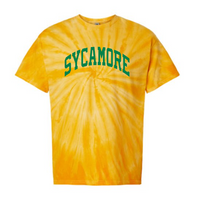 Sycamore Green Curved T-Shirt on Yellow Tie Dye-Lemons and Limes Boutique