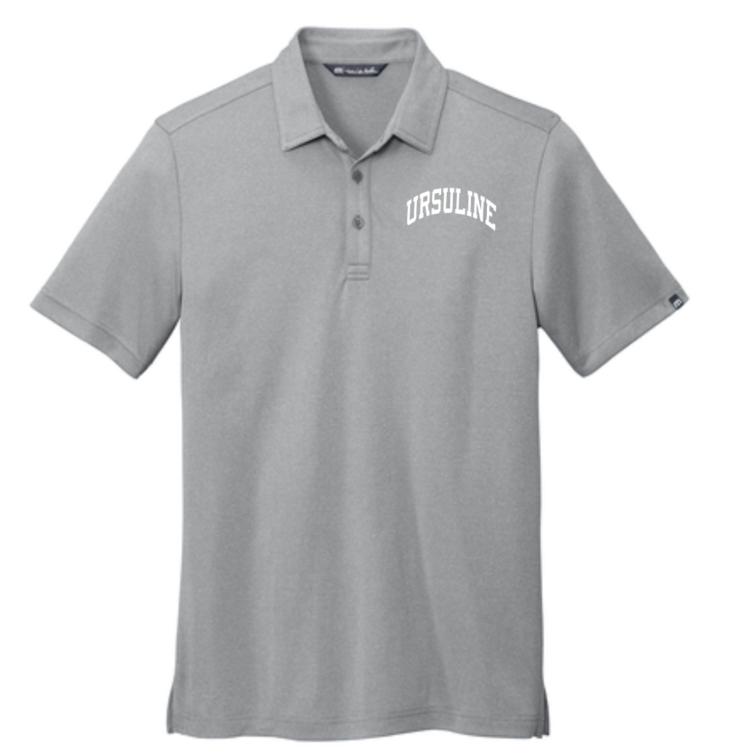 Curved Ursuline on TravisMathew Coto Performance Polo- Quiet Shade Grey Heather-Lemons and Limes Boutique