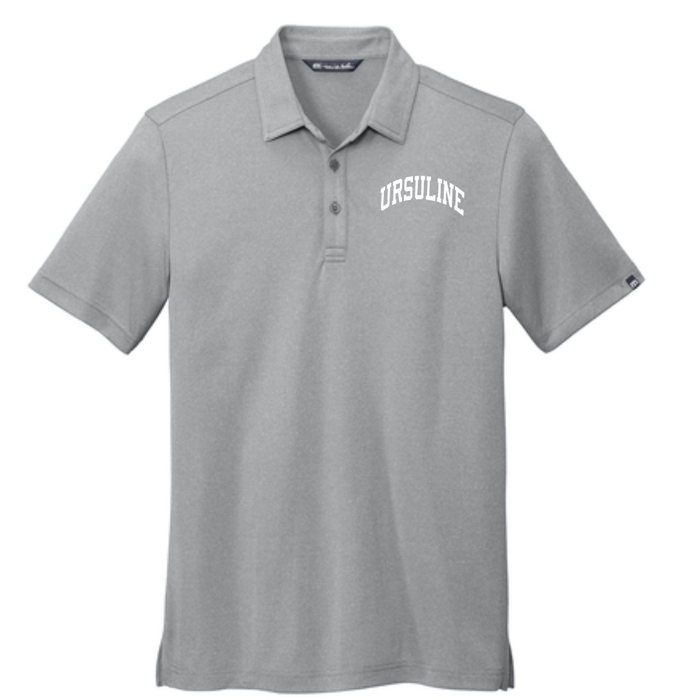 Curved Ursuline on TravisMathew Coto Performance Polo- Quiet Shade Grey Heather-Lemons and Limes Boutique