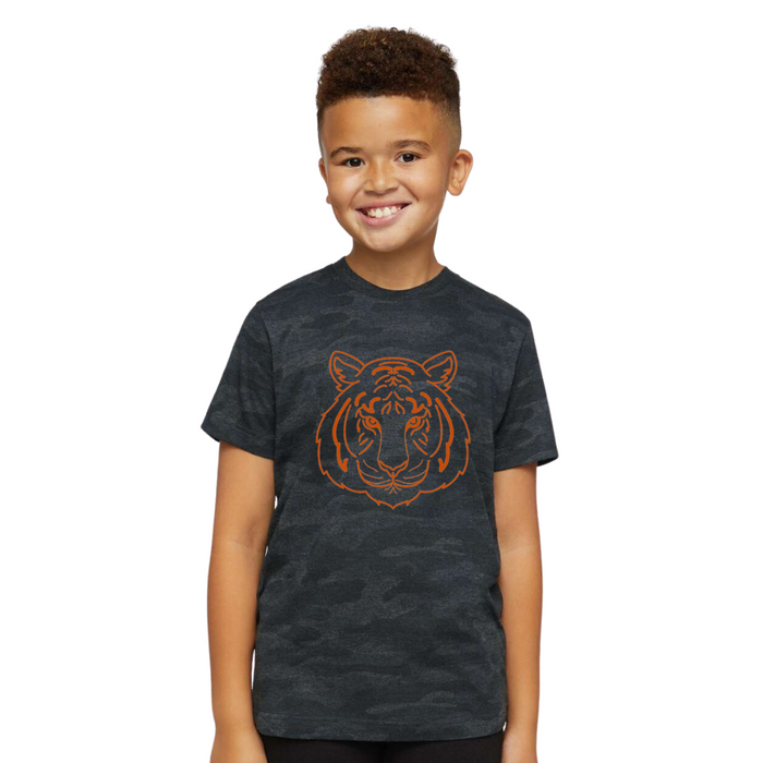 Orange Tiger Face T-Shirt on Black Camo -YOUTH--Lemons and Limes Boutique