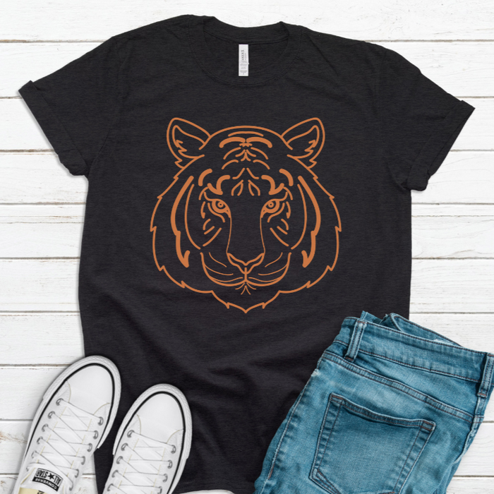 Orange Tiger Face T-Shirt on Heathered Black-Graphic Tee-Lemons and Limes Boutique