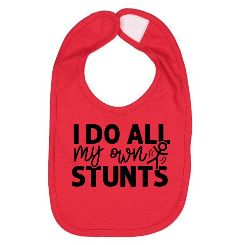 I Do All My Own Stunts Baby Bib in Red--Lemons and Limes Boutique