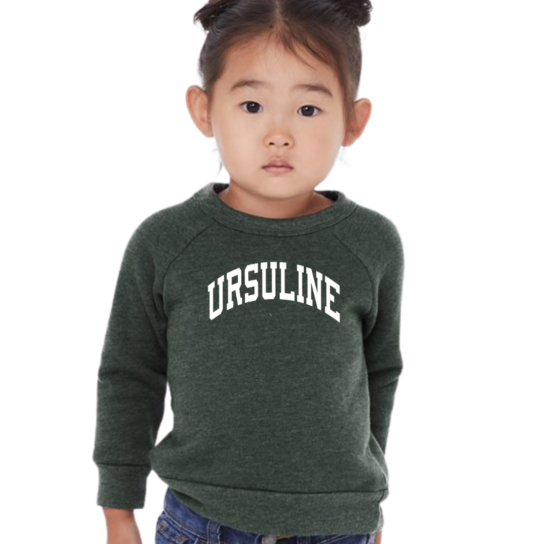 Curved Ursuline Sponge Fleece Raglan Sweatshirt on Heather Forest-TODDLER-Lemons and Limes Boutique