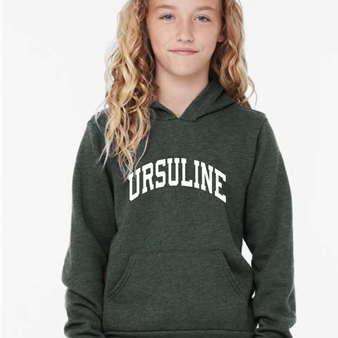 Curved Ursuline on Sponge Fleece Hoodie- Heather Forest Green-Lemons and Limes Boutique