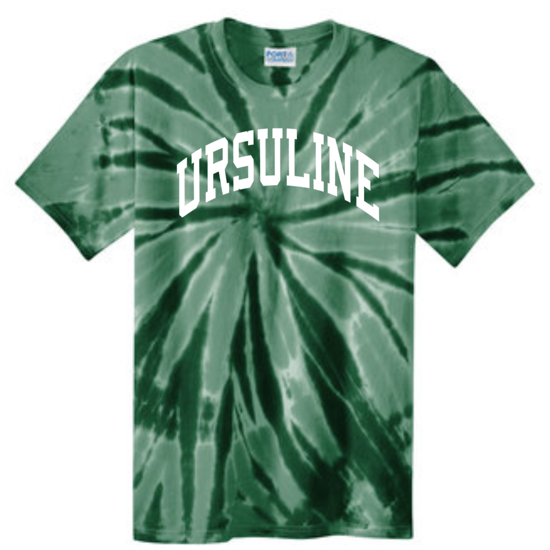 Curved Ursuline on Forest Green Tye Die Short Sleeve Tee-Lemons and Limes Boutique