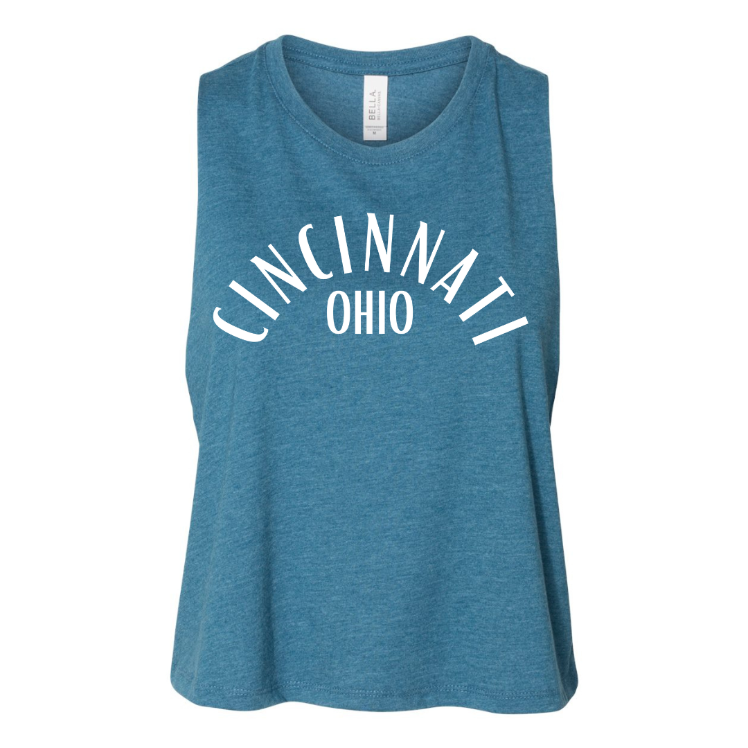 Cincinnati Ohio White Curved Cropped Muscle Tank on Heather Deep Teal--Lemons and Limes Boutique