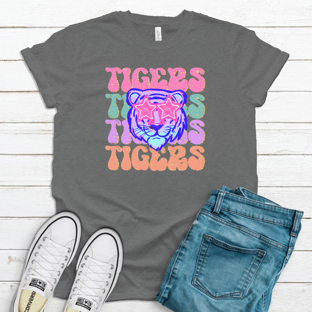 Pastel Tiger with Star Eyes on Deep Heather Grey SS Tee-Lemons and Limes Boutique